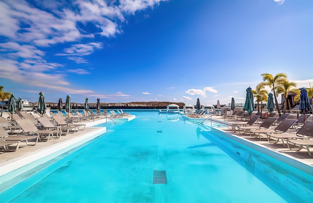 view of swimming pool with a patio area and a water view