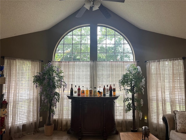 interior space with ceiling fan, a textured ceiling, lofted ceiling, and tile patterned floors