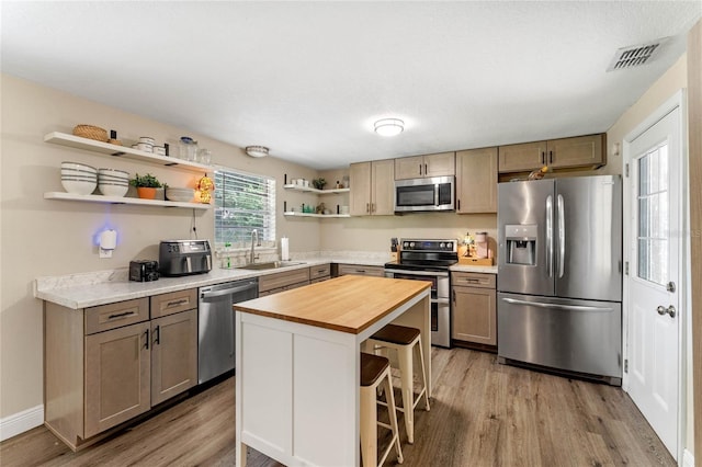 kitchen featuring sink, butcher block countertops, stainless steel appliances, a center island, and light wood-type flooring