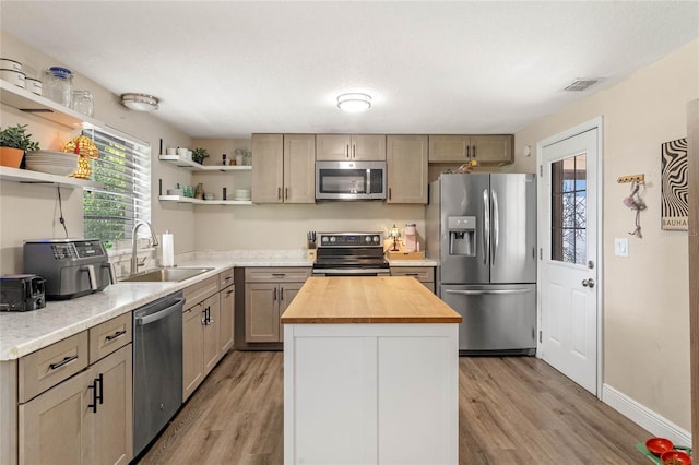 kitchen with appliances with stainless steel finishes, light hardwood / wood-style floors, butcher block countertops, a kitchen island, and sink