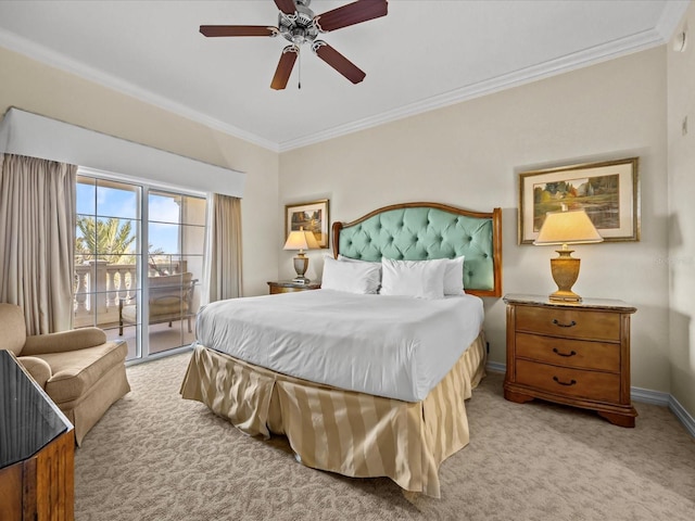 bedroom featuring access to exterior, a ceiling fan, light carpet, ornamental molding, and baseboards
