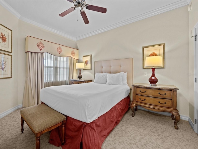 bedroom with a ceiling fan, crown molding, baseboards, and light carpet