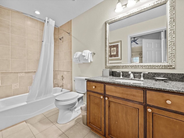 full bathroom with shower / bath combination with curtain, toilet, vanity, and tile patterned floors