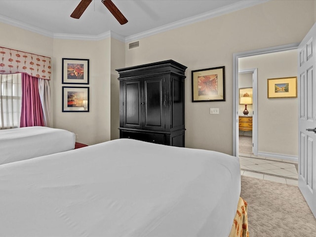 tiled bedroom with ceiling fan and crown molding