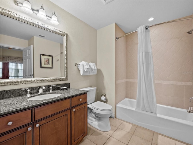 full bath featuring vanity, shower / bathtub combination with curtain, toilet, tile patterned flooring, and visible vents
