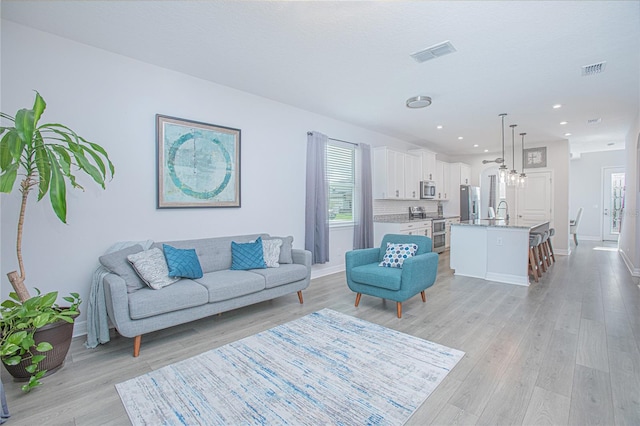 living room featuring light hardwood / wood-style flooring and sink