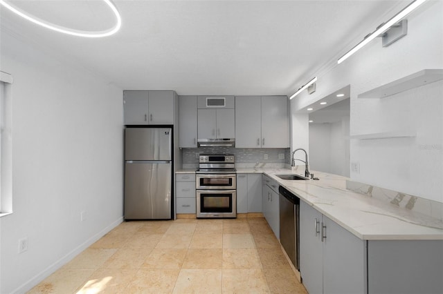 kitchen featuring sink, tasteful backsplash, gray cabinetry, stainless steel appliances, and light stone countertops