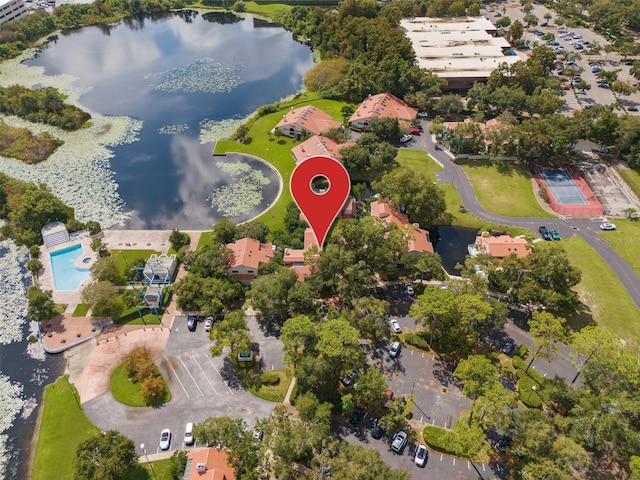 drone / aerial view featuring a water view