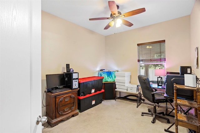 office area with carpet and ceiling fan