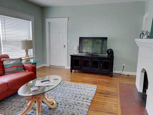 living room with wood-type flooring and a fireplace