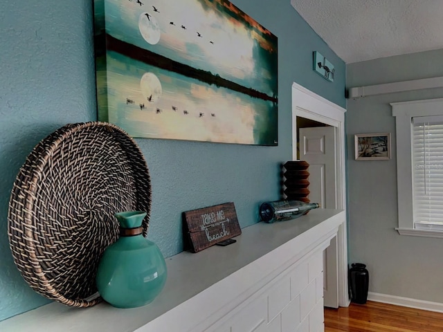 details featuring a textured ceiling and hardwood / wood-style flooring