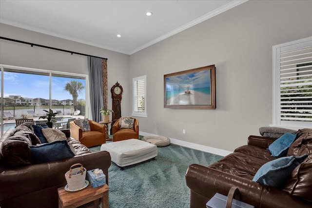 carpeted living room with crown molding