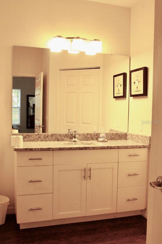 bathroom featuring vanity and hardwood / wood-style floors