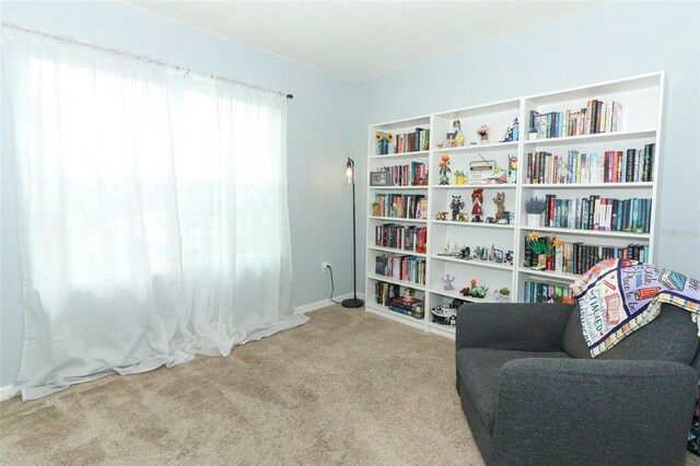 living area with baseboards and carpet
