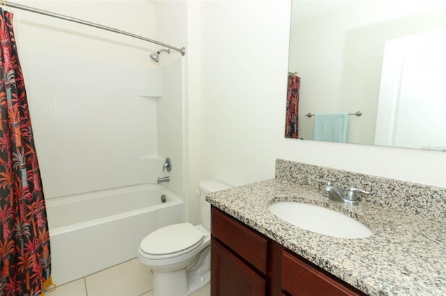 full bathroom featuring vanity, shower / bath combo with shower curtain, toilet, and tile patterned floors