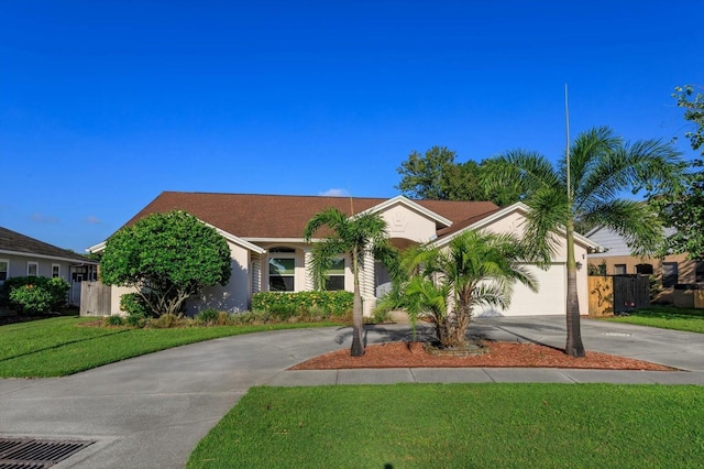 ranch-style house with a garage and a front yard