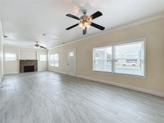 unfurnished living room featuring crown molding, a brick fireplace, light tile patterned floors, baseboards, and ceiling fan