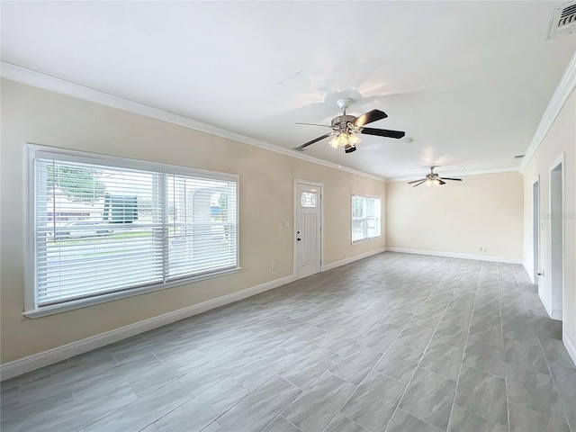unfurnished living room with baseboards, ornamental molding, visible vents, and a ceiling fan