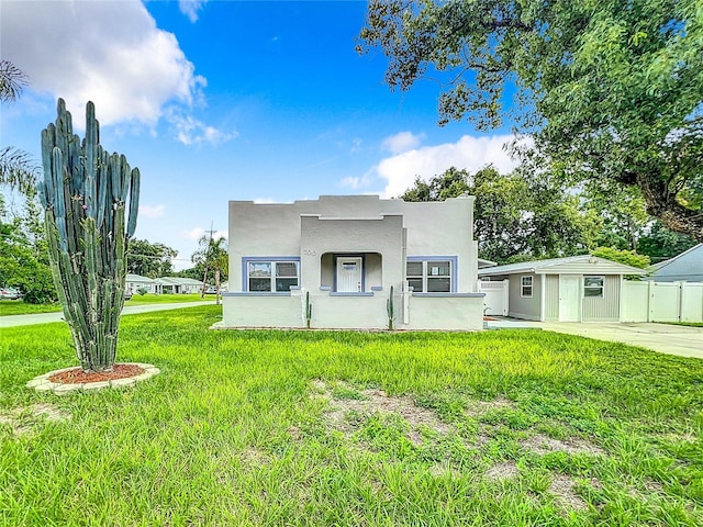 view of front of house featuring a front yard, stucco siding, and fence