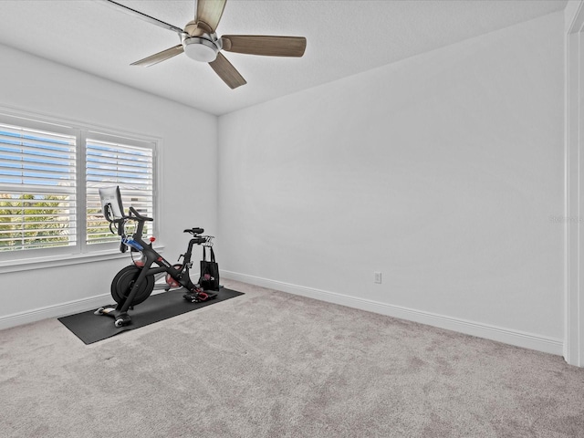 workout room featuring ceiling fan and light colored carpet