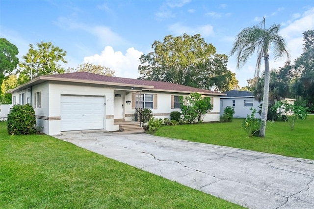 ranch-style house with a front yard and a garage