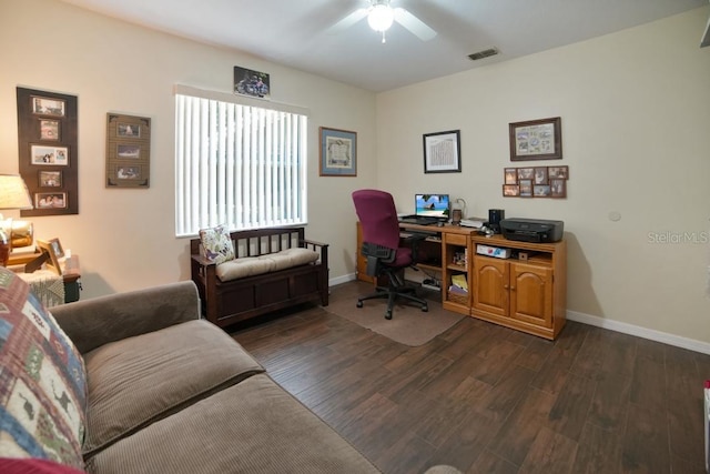 office featuring ceiling fan and dark wood-type flooring