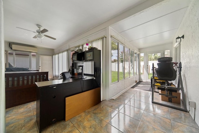 interior space with ceiling fan and a wall mounted air conditioner