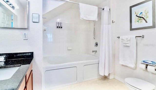 full bathroom with vanity, toilet, and shower / bathtub combination with curtain