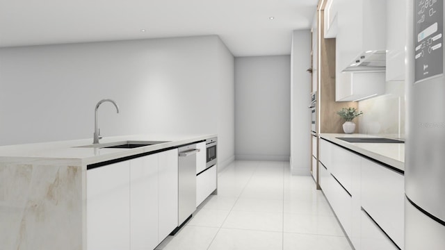 kitchen with light tile patterned flooring, dishwasher, white cabinetry, sink, and a center island