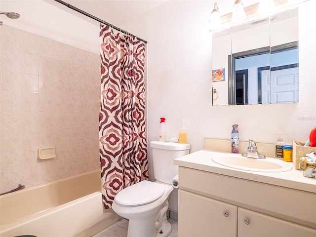 full bathroom with vanity, toilet, and shower / tub combo with curtain