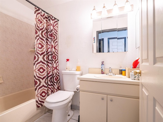 full bathroom with vanity, toilet, shower / bath combination with curtain, and tile patterned flooring