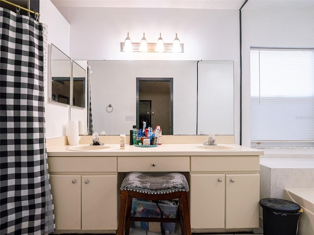 bathroom with vanity and a shower with shower curtain