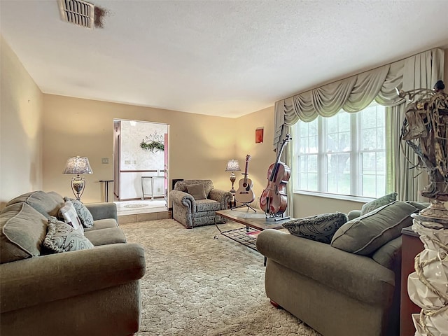 carpeted living room with a textured ceiling