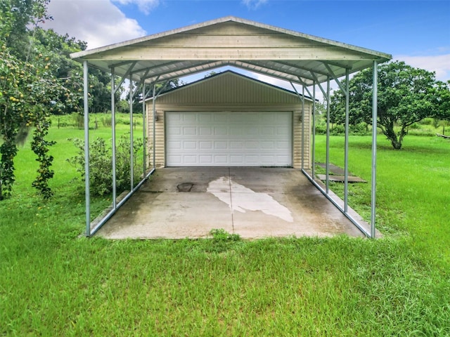 garage with a yard and a carport