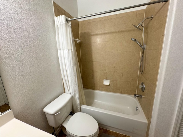 bathroom featuring toilet and shower / tub combo with curtain