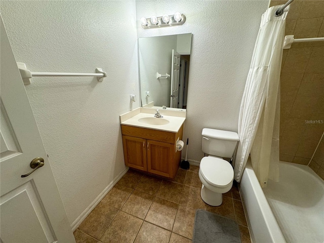 full bathroom with vanity, tile patterned floors, toilet, and shower / tub combo with curtain