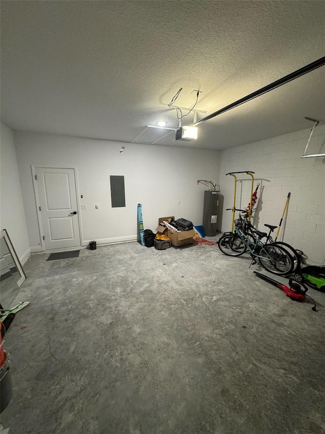 garage featuring a garage door opener, water heater, and electric panel