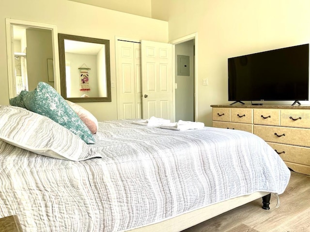 bedroom with electric panel, a closet, and wood-type flooring