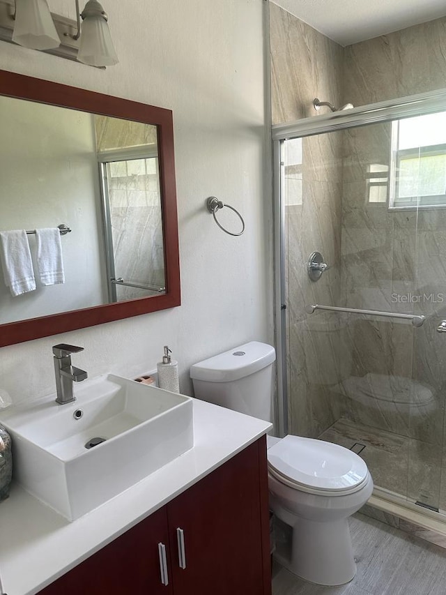 bathroom featuring wood-type flooring, vanity, toilet, and plenty of natural light