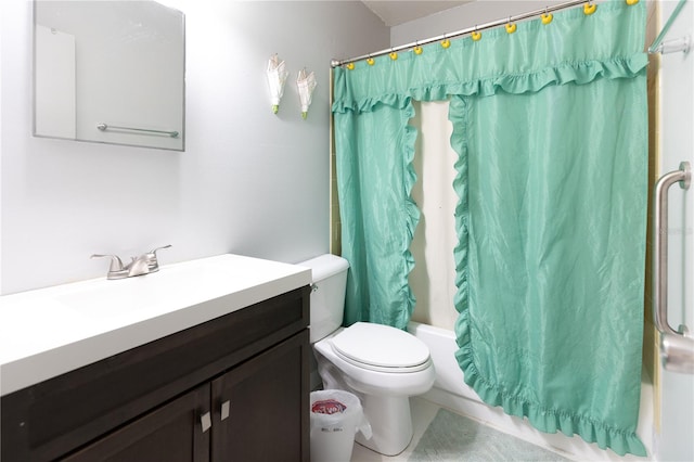 full bathroom with shower / bath combination with curtain, vanity, and toilet