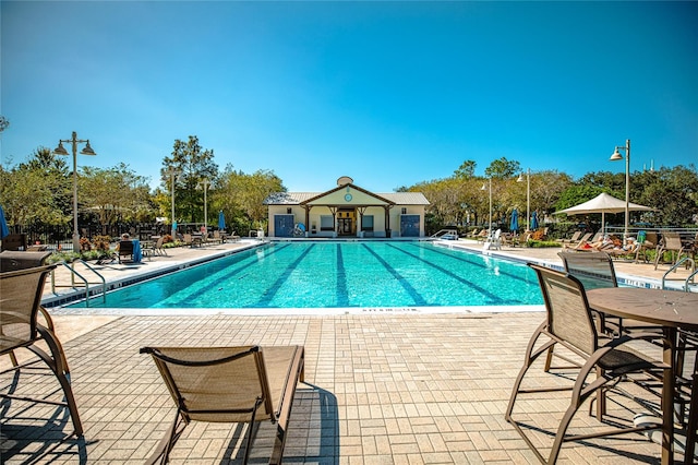 view of swimming pool featuring a patio