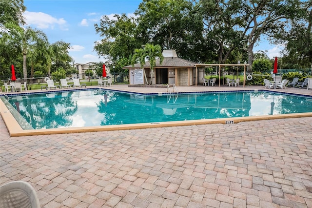 view of swimming pool with a patio