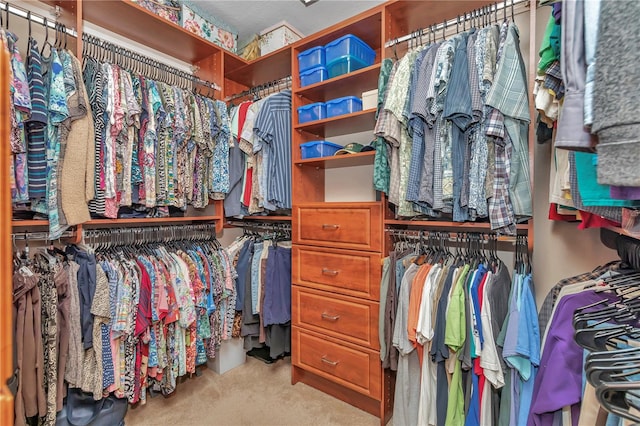 walk in closet featuring light colored carpet