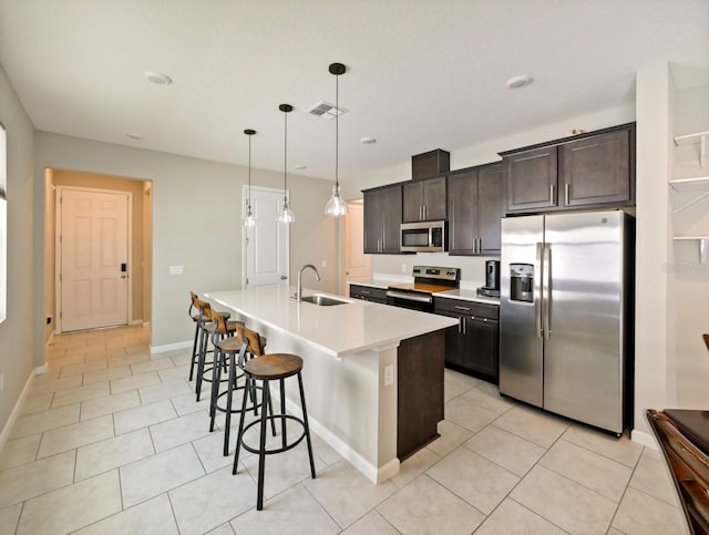 kitchen featuring dark brown cabinetry, hanging light fixtures, sink, a center island with sink, and appliances with stainless steel finishes