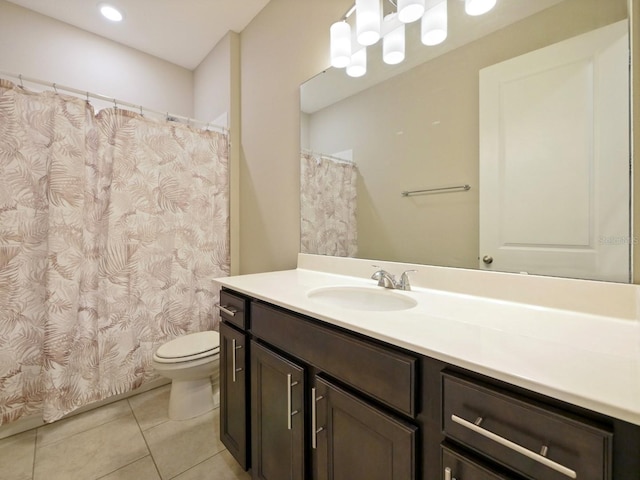 bathroom with vanity, tile patterned flooring, toilet, and a shower with shower curtain