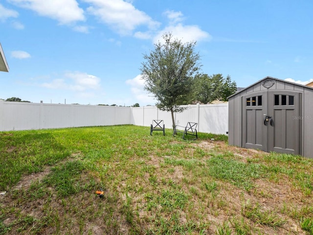 view of yard featuring a storage shed