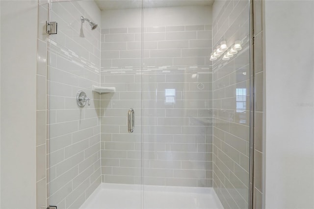 bathroom with a shower with shower door