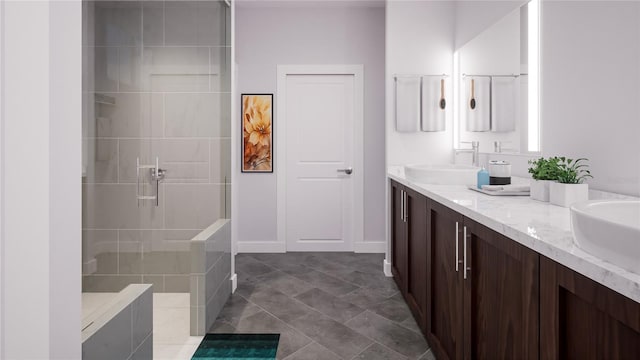 bathroom featuring tile patterned floors, vanity, and tiled shower