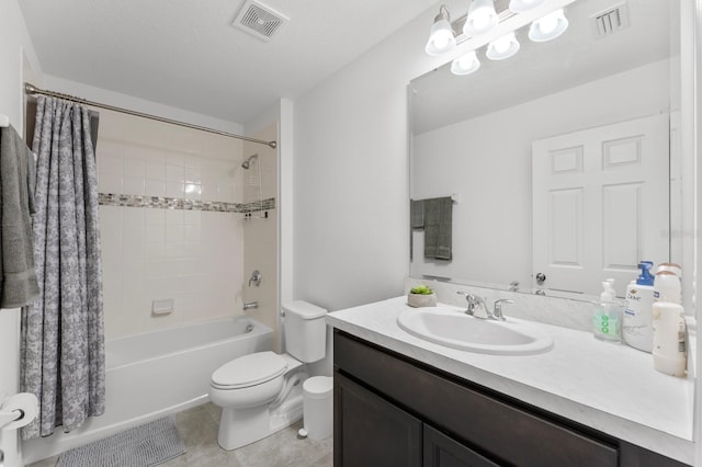 full bathroom with tile patterned flooring, vanity, toilet, and shower / bathtub combination with curtain