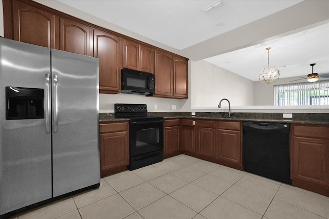 kitchen with sink, ceiling fan with notable chandelier, light tile patterned floors, and black appliances